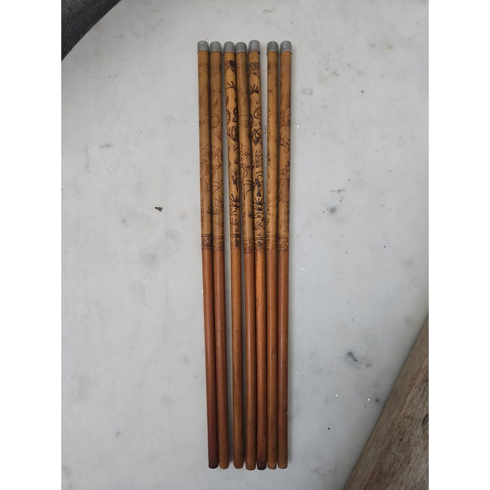 Vintage Asian Wooden Bamboo Etched 10-1/4" Chopsticks with Metal End Set of 7